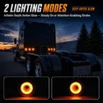 YFD Lighting round amber abyss LED marker lights installed on a semi truck with steady-on and strobe lighting modes