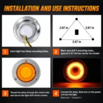 YFD Lighting round amber LED marker light installation guide with three-hole mounting and wiring instructions