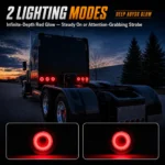YFD Lighting round red abyss LED marker lights installed on a semi truck with steady-on and strobe lighting modes