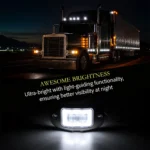 YFD Lighting 4-inch white oval LED marker light with bright center light-guide illumination and chrome housing, shown alongside a semi truck at night.
