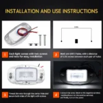 YFD Lighting white oval LED marker light installation guide showing mounting screws, 3.35-inch hole spacing, wiring connections and illuminated light operation.