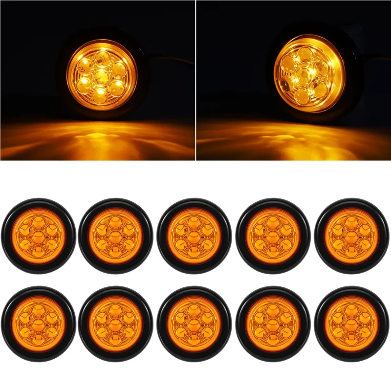 YFD Lights ten amber 7-LED round marker lights with black rubber grommets, showing the circular lens design and steady-on amber illumination in front and angled views.