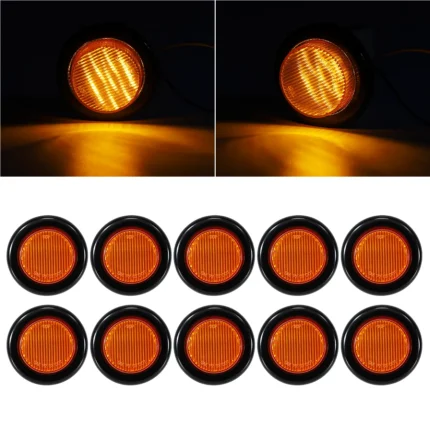 YFD Lights 10-pack amber round LED marker lights with black rubber mounting grommets, showing ten lights in two rows and two steady-on amber lighting views.