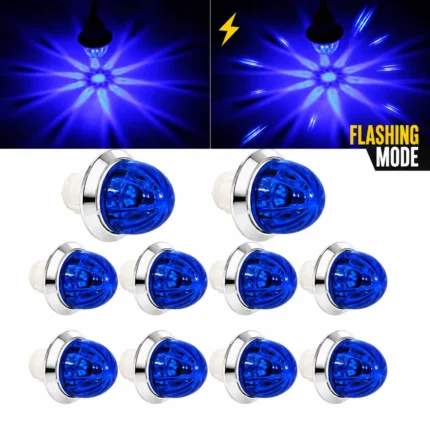 YFD Lights 10-Pack Blue Mini Watermelon LED Marker Lights with chrome bezels, transparent blue lenses, and bright blue starburst flashing effects for trucks and trailers.