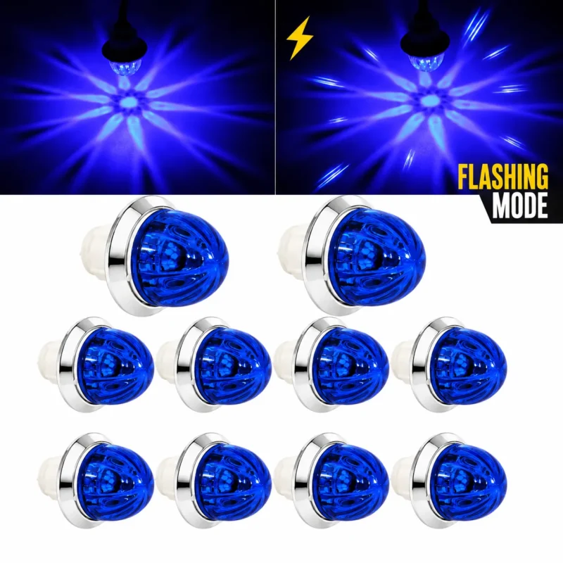 YFD Lights 10-Pack Blue Mini Watermelon LED Marker Lights with chrome bezels, transparent blue lenses, and bright blue starburst flashing effects for trucks and trailers.