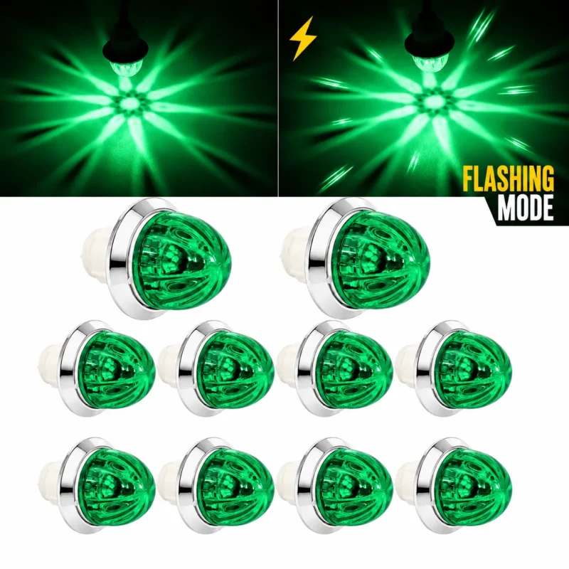 YFD Lights 10-Pack Green Mini Watermelon LED Marker Lights with Chrome Bezels and Flashing Mode for Semi Trucks and Trailers