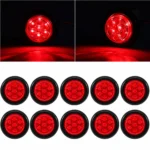 YFD Lights ten red 7-LED round marker lights with black rubber mounting grommets, featuring front and angled views with steady-on red illumination.