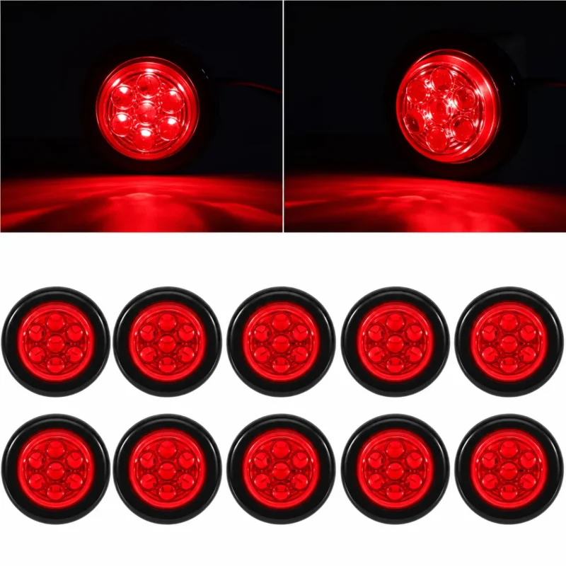 YFD Lights ten red 7-LED round marker lights with black rubber mounting grommets, featuring front and angled views with steady-on red illumination.