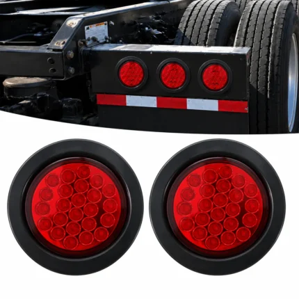 YFD Lights 2-pack 4-inch round red 24-LED tail lights with black mounting bezels shown with three lights installed on a semi truck chassis