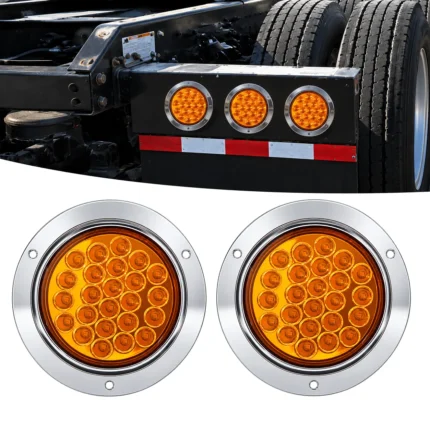 YFD Lights 2-pack 4-inch 24 LED amber round lights with chrome bezels shown on a semi truck installation