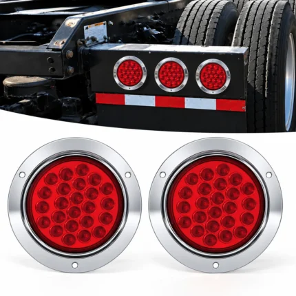 YFD Lights 2-pack 4-inch 24 LED red round lights with chrome bezels shown on a semi truck installation